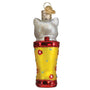Back of Grey and White Kitten In yellow and red rain boot 
