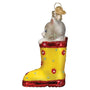 Side of Grey and White Kitten In yellow and red rain boot 