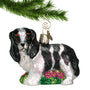 Glass King Charles Spaniel Ornament hanging by a gold swirl hook