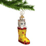 Kitty in a yellow welly blown glass ornament with gold swirl hook hanging from Christmas tree branch