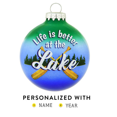 Life is Better at the Lake Ornament Glass Christmas Ornament with canoe paddles