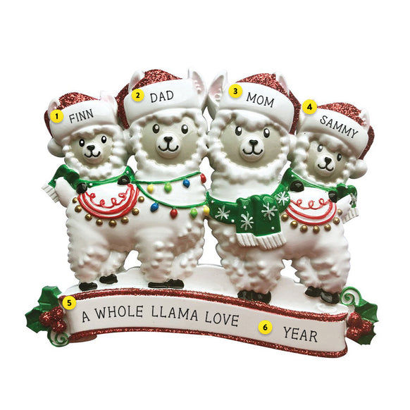 Llama Family of 4 with Santa Hats personalized resin ornament