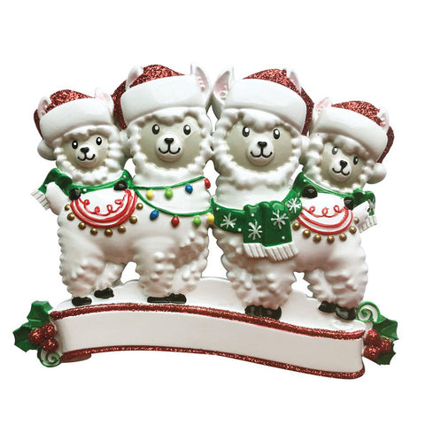 Llama Family of 4 with Santa Hats personalized resin ornament