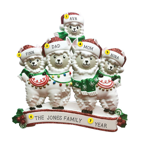 Llama Family of 5 with Santa Hats personalized resin ornament