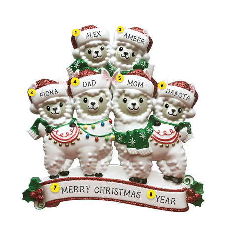 Llama Family of 6 with Santa Hats Personalized resin ornament