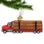 Glass Christmas Ornament that looks like a logging semi-truck hanging from a gold swirl hook