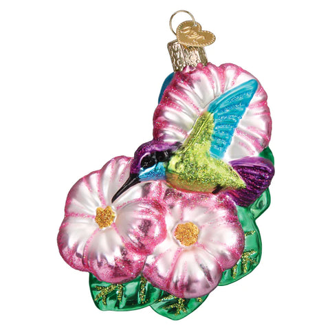 Magnificent Hummingbird Ornament with pink flowers Old World Christmas