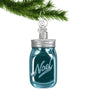 Glass Mason Jar Ornament with words NOEL on front hanging by a silver swirl hook