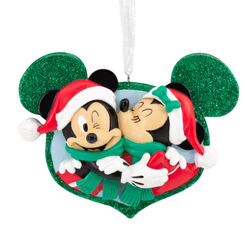 Heart Shaped Disney Ear Christmas ornament with Mickey and Minnie kissing 