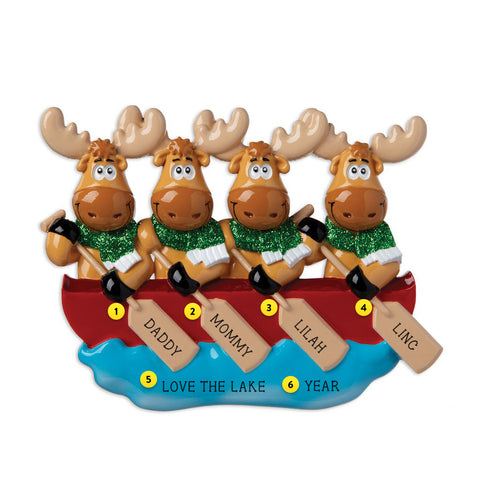 Moose Family of 4 in Canoe resin personalized ornament
