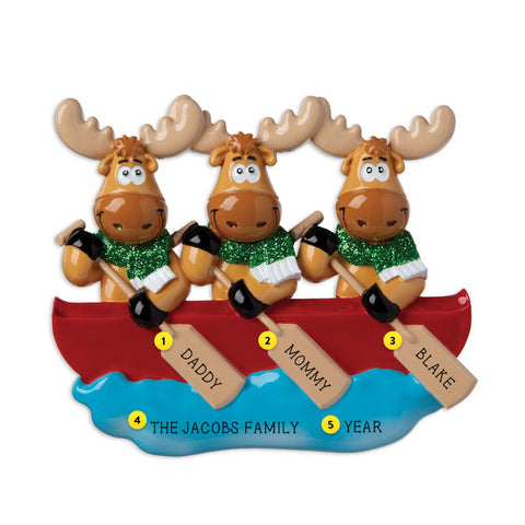 Moose Family of 3 in Canoe Personalized Resin Christmas Ornament