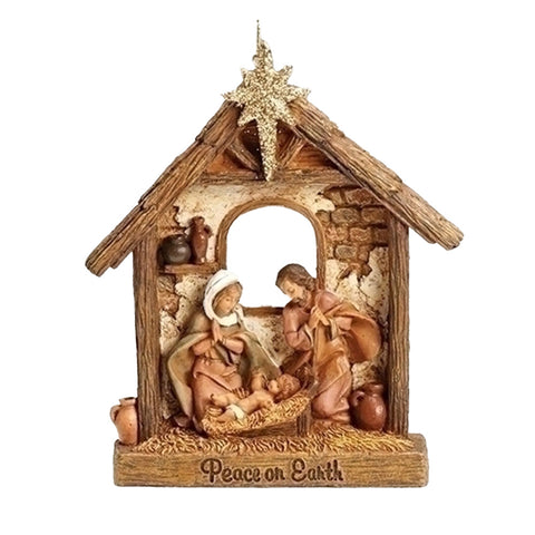 Nativity Scene Christmas Ornament in Stable with quote Peace on Earth on Bottom