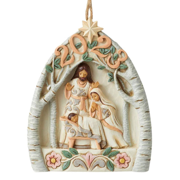 Nativity Ornament in a white birch woodland theme dated for 2023 designed by Jim Shore