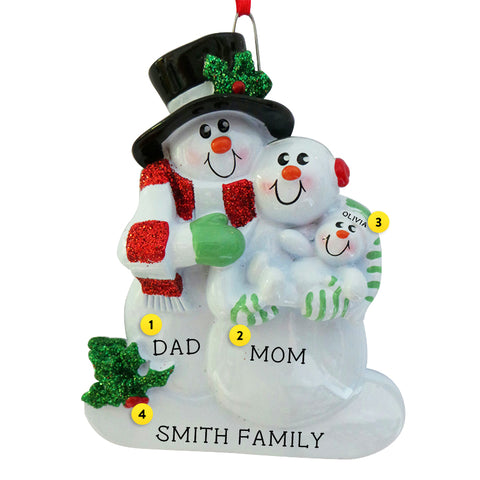 Snowfamily of 3 resin ornament can be personalized