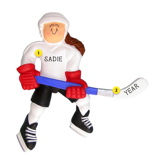 Personalized Hockey Player Ornament - Female, Brunette