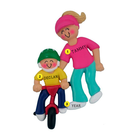 Personalized Child Learning to Ride a Bike Ornament -Female Adult ,Blonde
