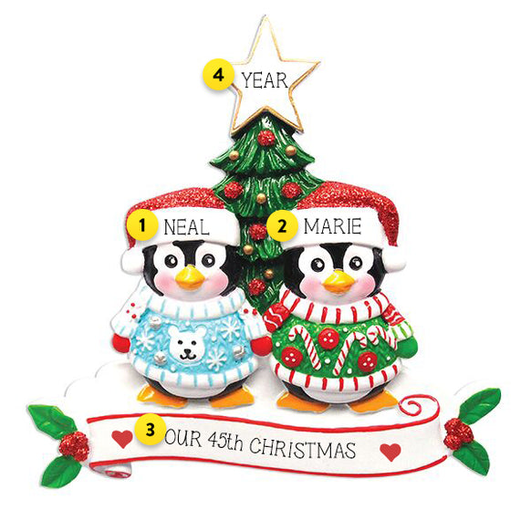 Personalized Penguin Couple Ugly Sweater Ornament