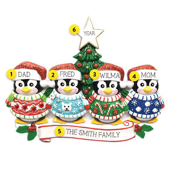 Personalized Penguin Family of 4 Ugly Sweater Ornament