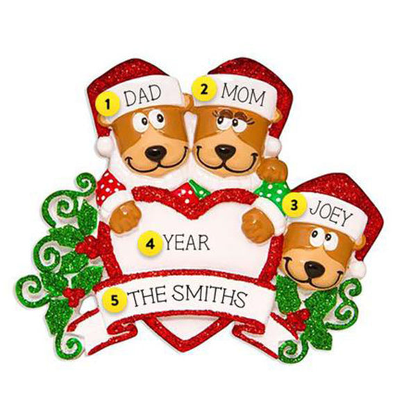 Brown Bear Family of 3 with Heart Personalized Ornament