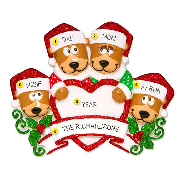 Brown Bear Family of 4 with Heart Personalized Ornament