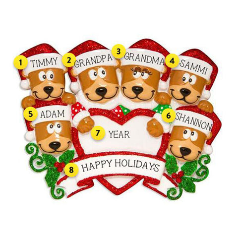 Brown Bear Family of 6 with Heart personalized ornament