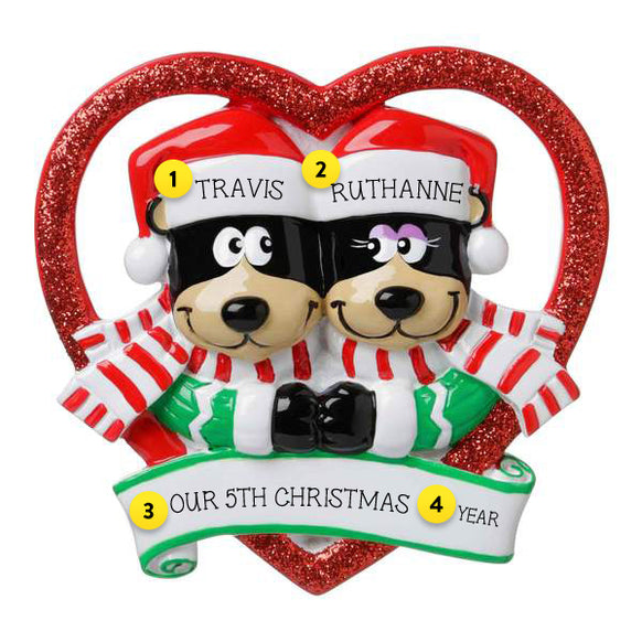 Personalized Black Bear Couple in Heart Ornament