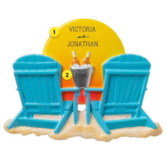 Two Adirondack Chairs Ornament with Sun and Champagne Bucket
