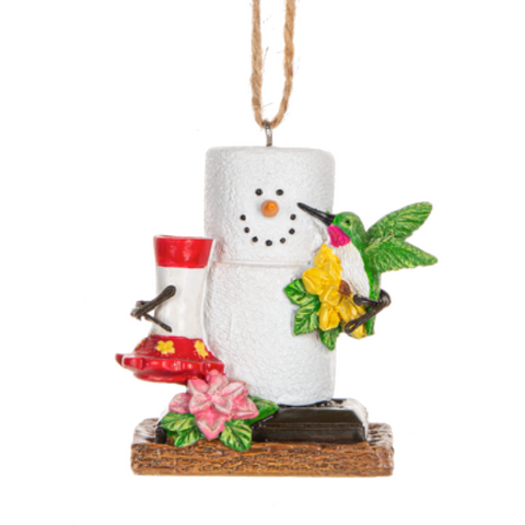 Original S'mores Ornament featuring hummingbird and bird feeder with pink and yellow flowers