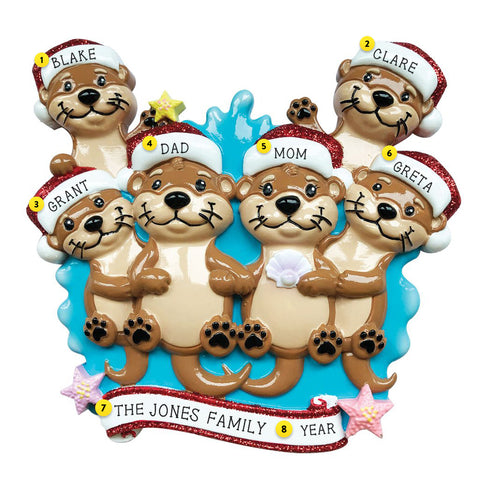 Otter Family of 6 in Santa Hats personalized resin ornament