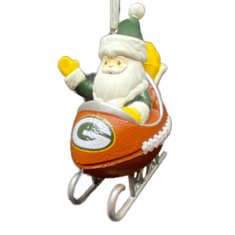Santa in a Green Bay Packers Football Sled Christmas Ornament 