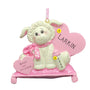 Personalized Baby's 1st Christmas Ornament for a girl with cute baby lamb on pink pillow with bottle and pink hearts