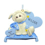 Cute baby lamb with bottle on blue pillow personalized baby's 1st Christmas ornament 