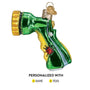 Personalized Christmas Ornament that looks like a garden hose sprayer in green and yellow with red ladybug on handle