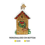 Personalized Outhouse Ornament marked Occupied Blown Glass with wreath on the door and Christmas lights on the roof