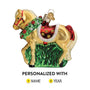 Personalized Glass Horse Ornament Tan Horse wearing a Christmas wreath, with red saddle and red ribbon on tail