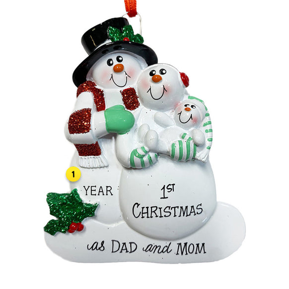 First Christmas as a Dad and Mom with baby snow family ornament 