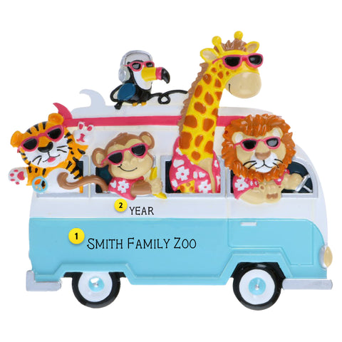 personalized christmas ornament for a family of 5 van full of zoo animals