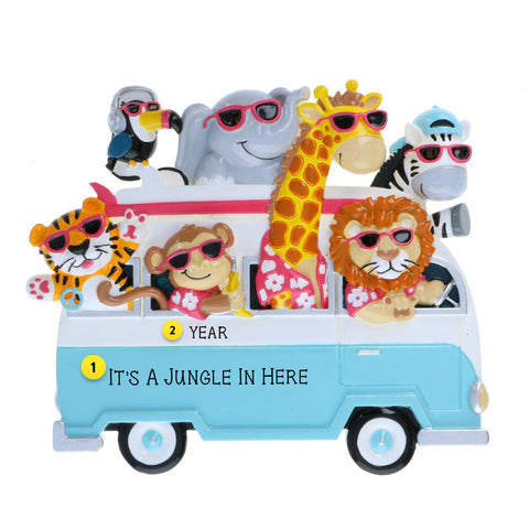 Jungle Animals in a Van Personalized Christmas Ornament 