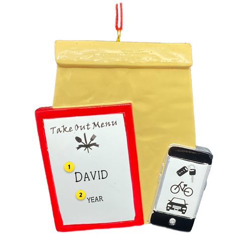 Personalized Christmas Ornament for Take Out Food Lovers with bag of takeout, menu and  phone tracking the delivery driver