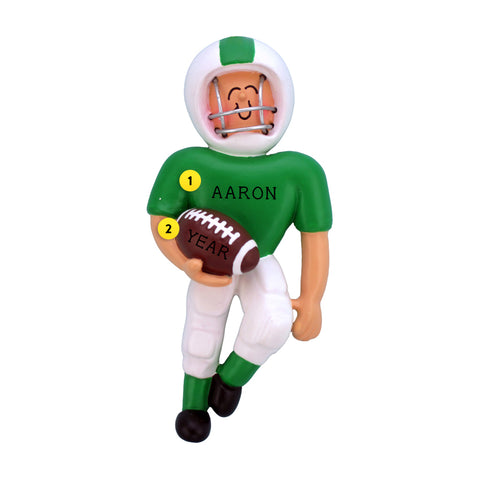 Playing Football Ornament - White Male, Green Uniform for Christmas Tree