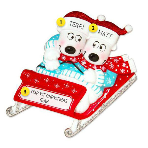Polar Bear Couple in Sled Personalized Ornament For Christmas Tree