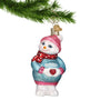 Snowman Women Expecting a Baby Glass Ornament hanging from a gold swirl hanger
