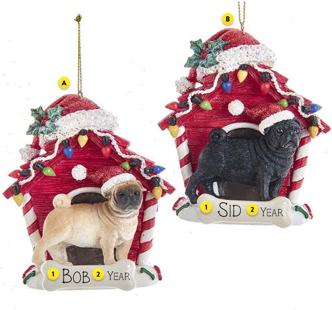 Pug in Dog House Christmas Tree Ornament, 2 Assorted A. Cream, B. Black