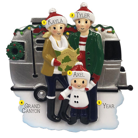 Family of 3 in RV Christmas Ornament for the tree