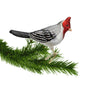 Clip-on glass bird ornament in a red crested cardinal variety. Red head, white body, black and grey feathers