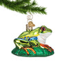 Blown Glass Tree Frog hanging by a gold swirl hook from a Christmas tree branch