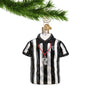 Black and White Striped Referee Shirt Ornament hanging by a gold swirl hook