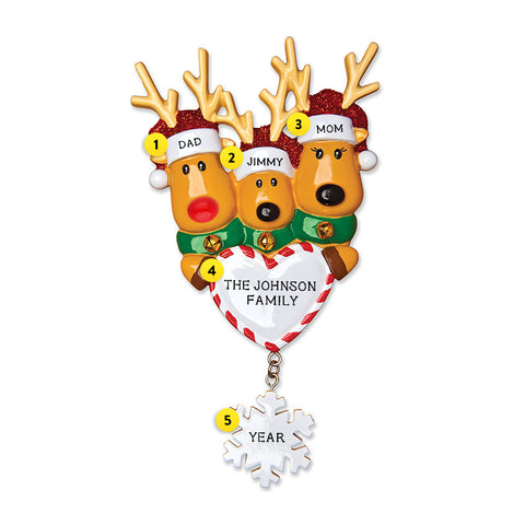 Reindeer Family of 3 with Heart and Snowflake Ornament for Christmas Tree