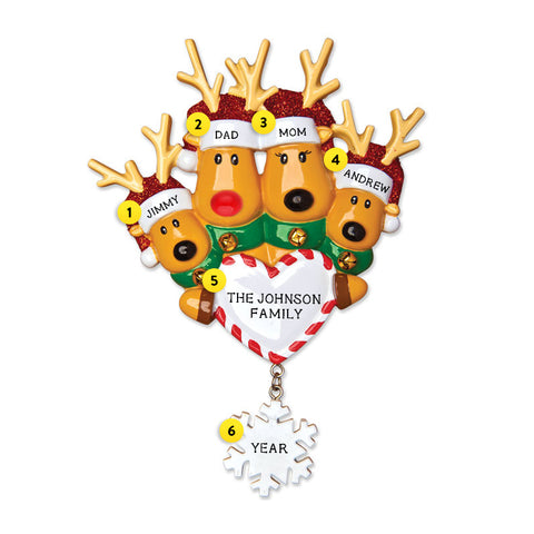 Reindeer Family of 4 with Heart and Snowflake Ornament for Christmas Tree