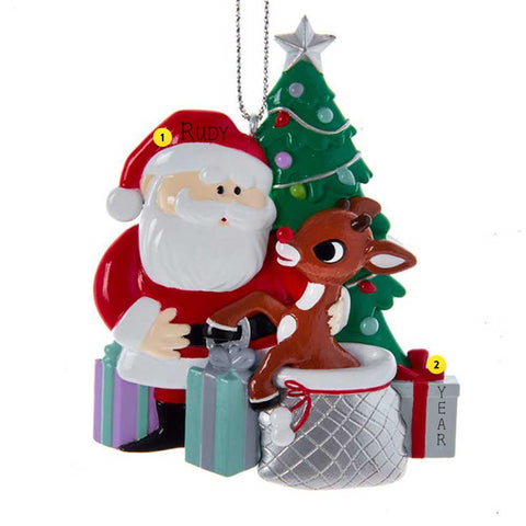 Personalized Rudolph The Red Nose Reindeer® with Tree and Santa Ornament